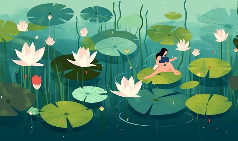 绿色季节池塘荷叶荷花和女孩插画,插画/手绘图,插画/手绘图库,插画/手绘图下载,插画/手绘